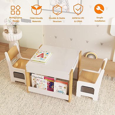 Kids Art Table and Chair Set, 4 in 1 Children Activity Table & 2 Chairs with Storage Drawer