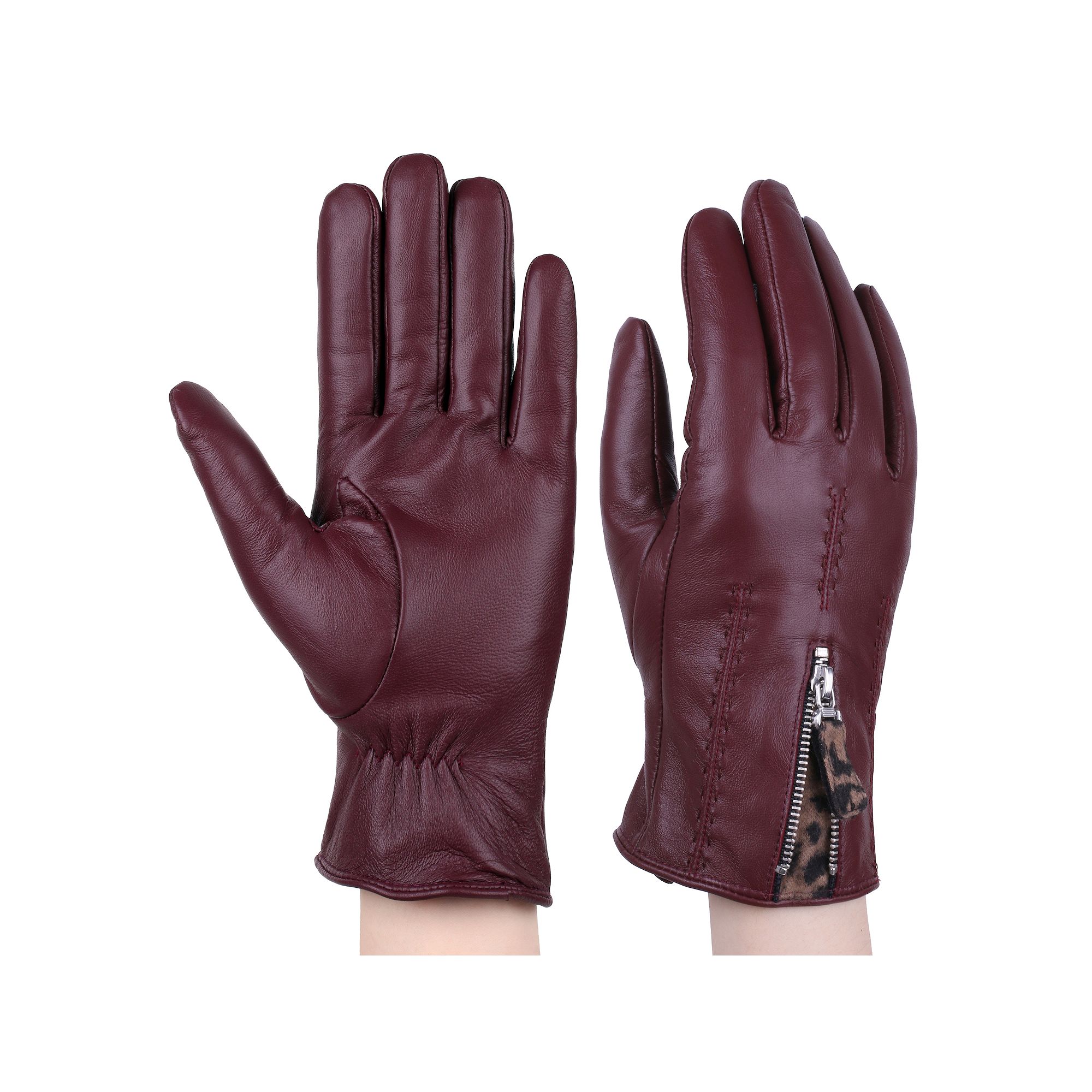 Womens Karla Hanson Leather Gloves with Leopard Gusset, Size: Medium, Purp