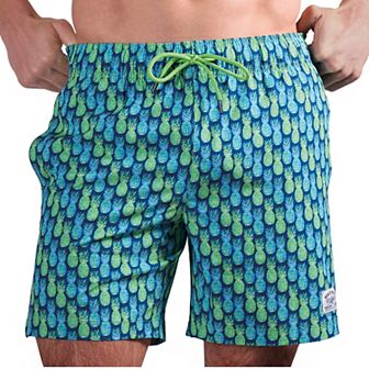 Men's Beach Bros 6.5-Inch Blue & Green Pineapple Print 4-Way Stretch Mesh Lined Swim Trunks
