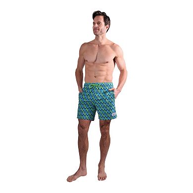 Men's Beach Bros 6.5-Inch Blue & Green Pineapple Print 4-Way Stretch Mesh Lined Swim Trunks