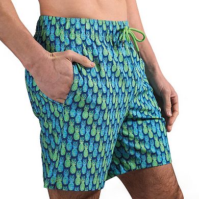 Men's Beach Bros 6.5-Inch Blue & Green Pineapple Print 4-Way Stretch Mesh Lined Swim Trunks