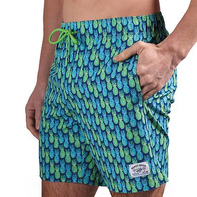 Men's Beach Bros 6.5-Inch Blue & Green Pineapple Print 4-Way Stretch Mesh Lined Swim Trunks