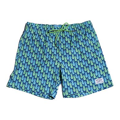 Men's Beach Bros 6.5-Inch Blue & Green Pineapple Print 4-Way Stretch Mesh Lined Swim Trunks