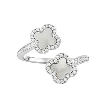 PRIMROSE Fine Silver Plated Cubic Zirconia & Mother-of-Pearl Double Clover Bypass Ring