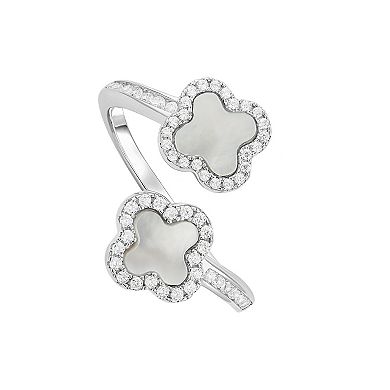 PRIMROSE Fine Silver Plated Cubic Zirconia & Mother-of-Pearl Double Clover Bypass Ring