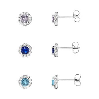PRIMROSE Fine Silver Plated Multi Color Cubic Zirconia Gemstone Stud Earring Trio Set