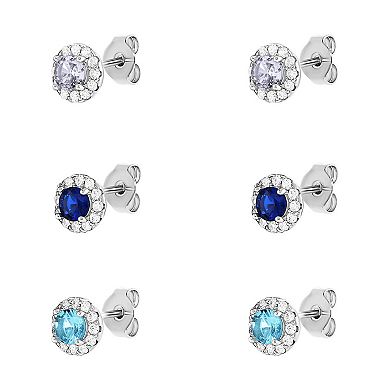 PRIMROSE Fine Silver Plated Multi Color Cubic Zirconia Gemstone Stud Earring Trio Set
