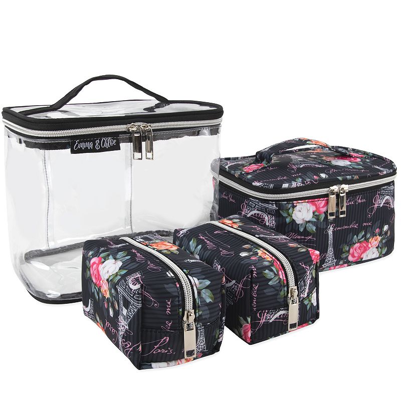 Emma & Chloe 4-Piece Travel Train Case Set, Black Floral