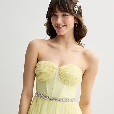 Juniors' Violet Weekend Embellished Corset Belted Ball Gown