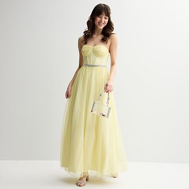 Juniors' Violet Weekend Embellished Corset Belted Ball Gown