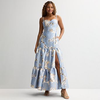 Juniors' Violet Weekend Floral Jacquard Tiered Gown