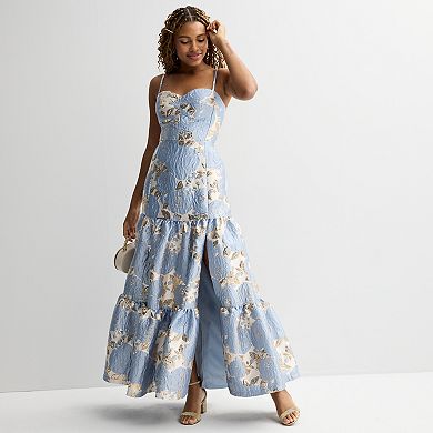 Juniors' Violet Weekend Floral Jacquard Tiered Gown