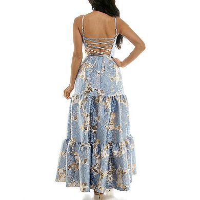 Juniors' Violet Weekend Floral Jacquard Tiered Gown