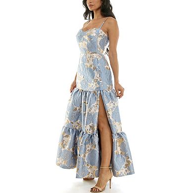Juniors' Violet Weekend Floral Jacquard Tiered Gown
