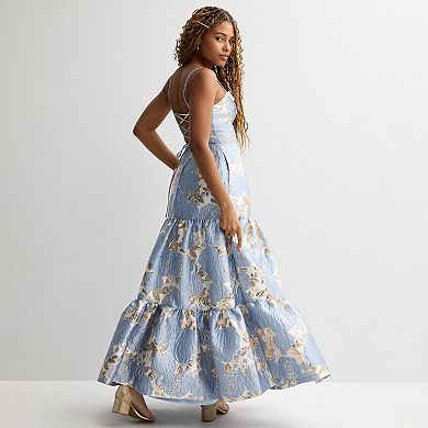 Juniors' Violet Weekend Floral Jacquard Tiered Gown