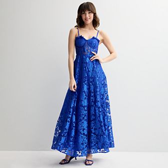 Juniors' Violet Weekend Embroidered Lace Mesh Corset Gown