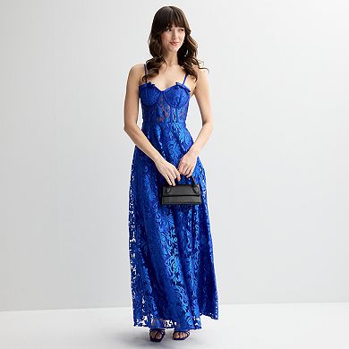 Juniors' Violet Weekend Embroidered Lace Mesh Corset Gown