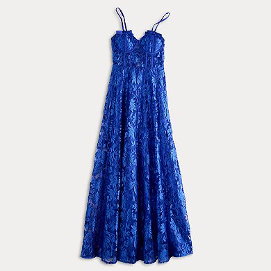 Juniors' Violet Weekend Embroidered Lace Mesh Corset Gown