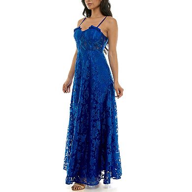 Juniors' Violet Weekend Embroidered Lace Mesh Corset Gown