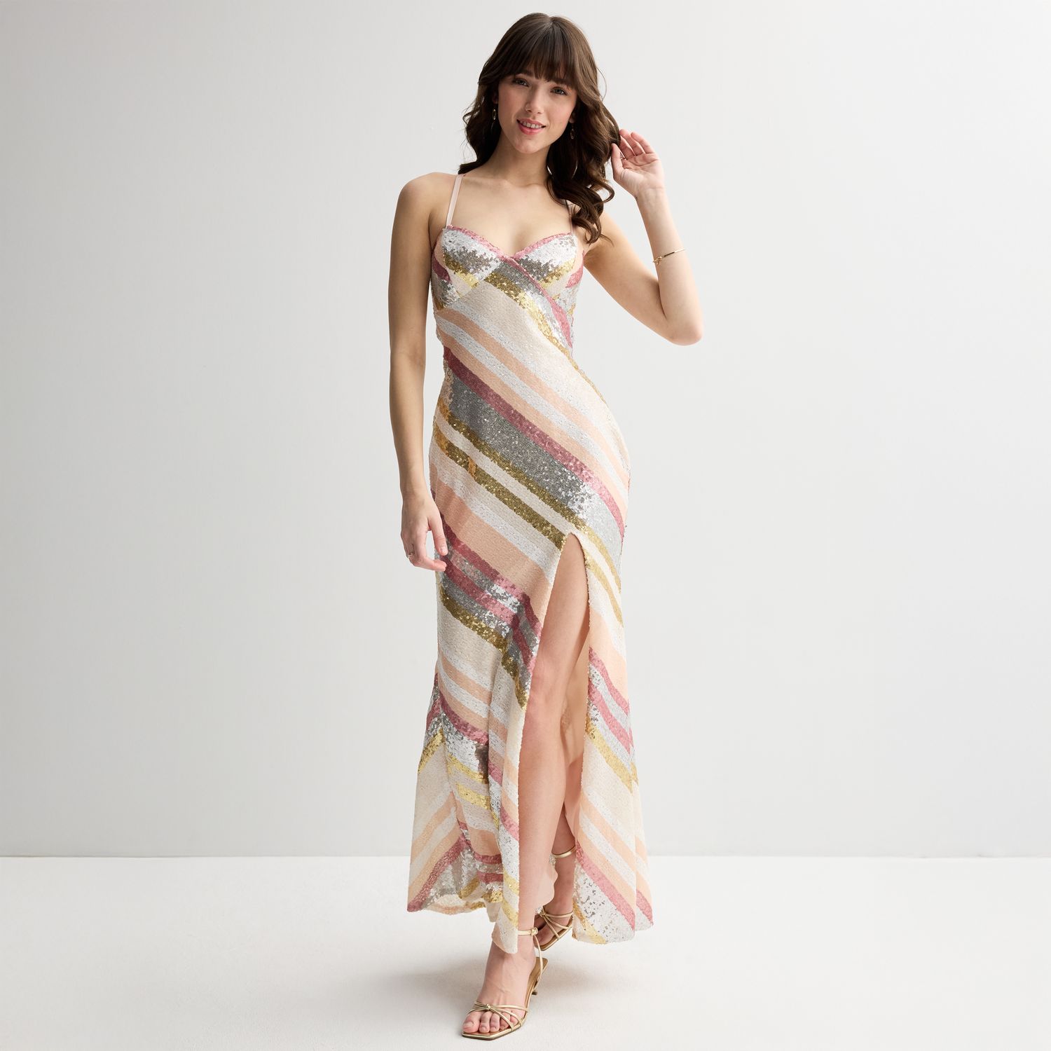 Женские платья Violet Juniors' Violet Weekend Stripe Sequin Lace Up Back Gown