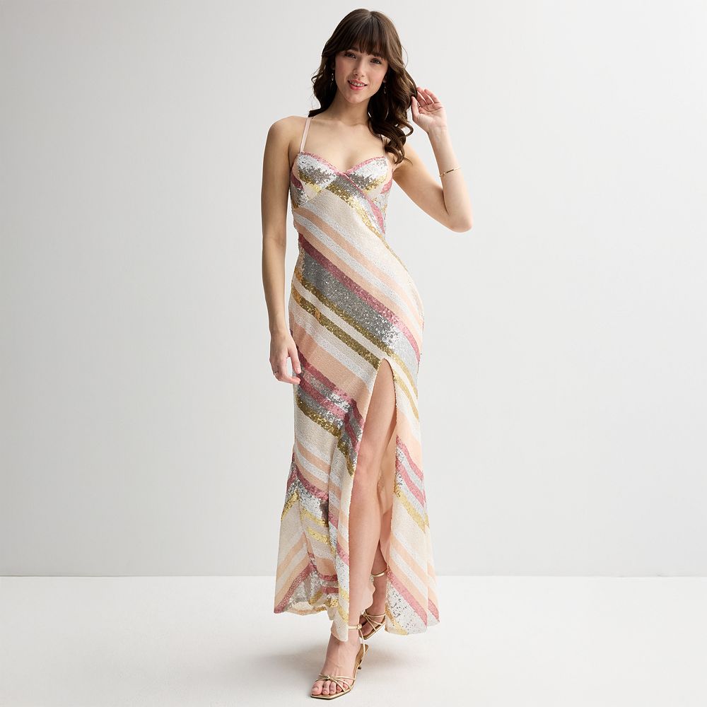 livin for the weekend sequin dress Juniors' Violet Weekend Stripe Sequin Lace Up Back Gown, Girl's, Size: 17/18, Pink Blush