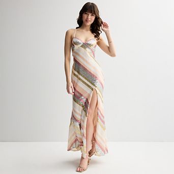 Juniors' Violet Weekend Stripe Sequin Lace Up Back Gown