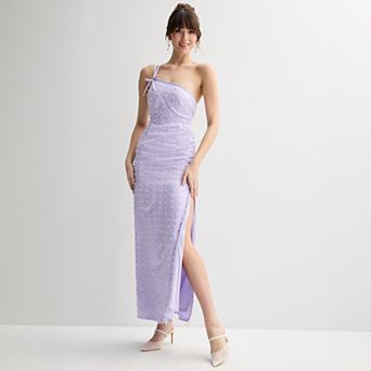 Juniors' Violet Weekend Pearl Embellished One Shoulder Gown