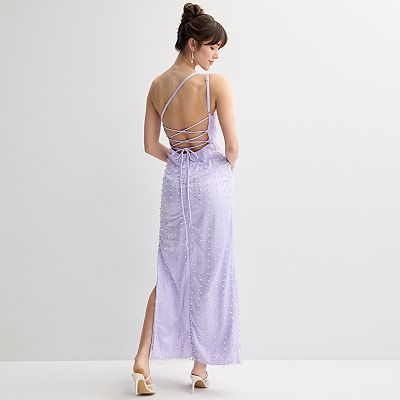 Juniors' Violet Weekend Pearl Embellished One Shoulder Gown
