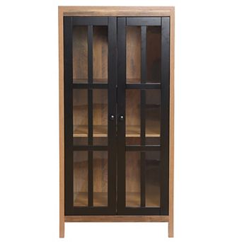LuxenHome Natural Wood Glass 2-Door Curio Accent Cabinet