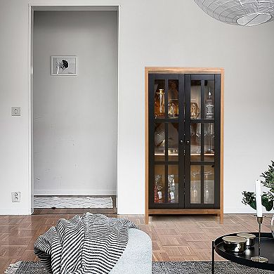 LuxenHome Natural Wood Glass 2-Door Curio Accent Cabinet