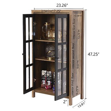 LuxenHome Natural Wood Glass 2-Door Curio Accent Cabinet