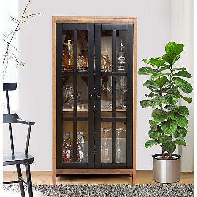 LuxenHome Natural Wood Glass 2-Door Curio Accent Cabinet