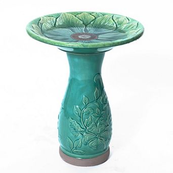 LuxenHome Aqua Glazed Flower Ceramic 22 in Tall Birdbath