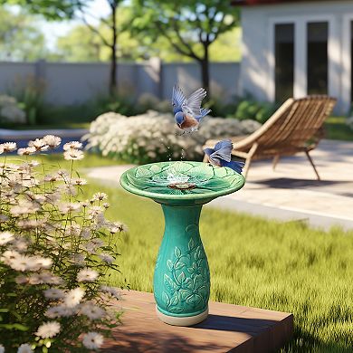 LuxenHome Aqua Glazed Flower Ceramic 22-In Tall Birdbath