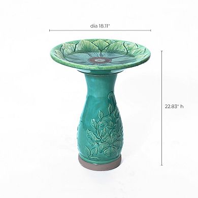 LuxenHome Aqua Glazed Flower Ceramic 22-In Tall Birdbath