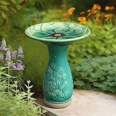 LuxenHome Aqua Glazed Flower Ceramic 22-In Tall Birdbath