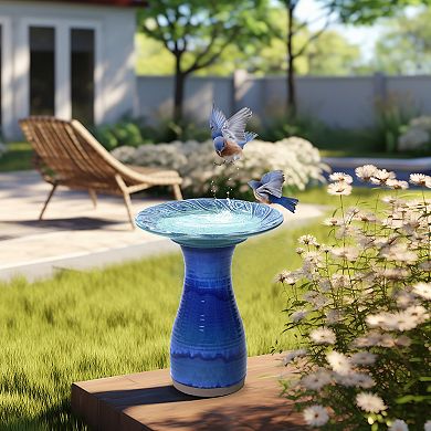LuxenHome Blue Glazed Spiral Ceramic 20-In Tall Birdbath