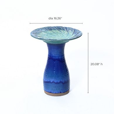 LuxenHome Blue Glazed Spiral Ceramic 20-In Tall Birdbath