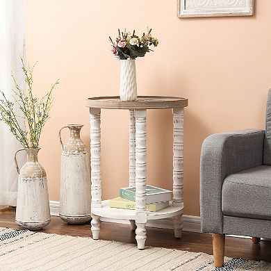 LuxenHome White and Natural Wood Round Accent Side Table with Storage