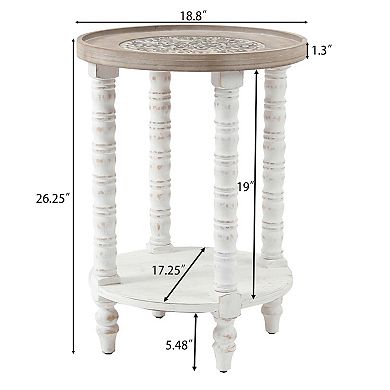 LuxenHome White and Natural Wood Round Accent Side Table with Storage