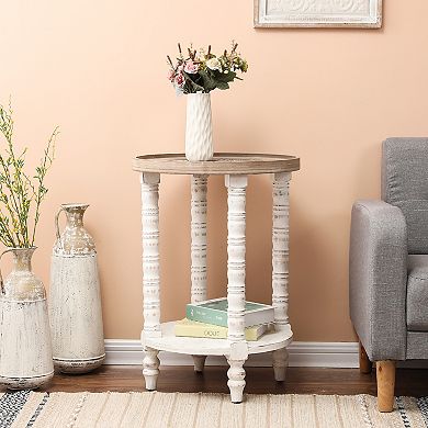 LuxenHome White and Natural Wood Round Accent Side Table with Storage
