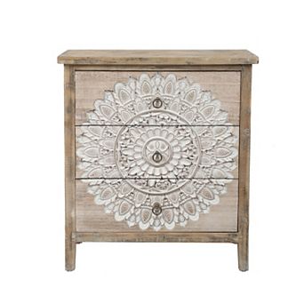 LuxenHome 3-Drawer 28.2" H x 25.2" W Natural Wood White Floral Accent Chest