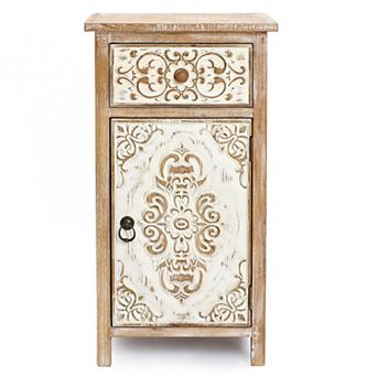 LuxenHome Floral Carved Wood 1-Door 1-Drawer End Table with Storage