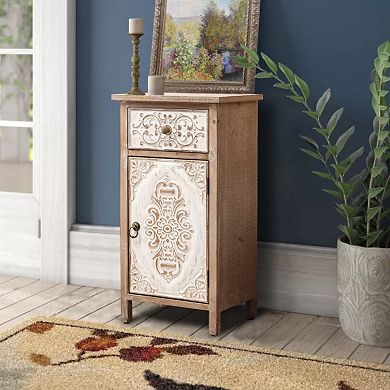 LuxenHome Floral Carved Wood 1-Door 1-Drawer End Table with Storage