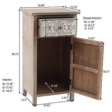 LuxenHome Floral Carved Wood 1-Door 1-Drawer End Table with Storage