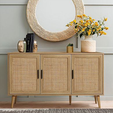 LuxenHome 47.2" Wide 3-Door Rattan Light Oak Finish Wood Sideboard Cabinet