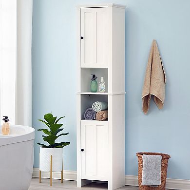 LuxenHome White MDF Wood 67-Inch Tall Tower Bathroom Linen Cabinet