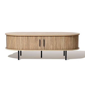 LuxenHome Mid-Century Modern Coffee Table with Storage and Slatted Sliding Doors Oval Center Table