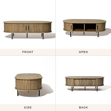 LuxenHome Mid-Century Modern Coffee Table with Storage and Slatted Sliding Doors Oval Center Table