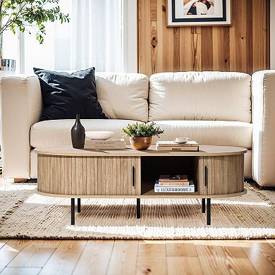 LuxenHome Mid-Century Modern Coffee Table with Storage and Slatted Sliding Doors Oval Center Table